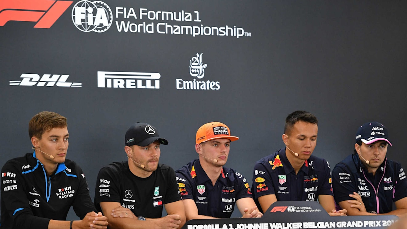 SPA-FRANCORCHAMPS, BELGIUM - AUGUST 29: George Russell, Williams Racing, Valtteri Bottas, Mercedes AMG F1, Max Verstappen, Red Bull Racing, Alexander Albon, Red Bull and Sergio Perez, Racing Point during the Belgian GP at Spa-Francorchamps on August 29, 2019 in Spa-Francorchamps, Belgium. (Photo by Simon Galloway / Sutton Images)