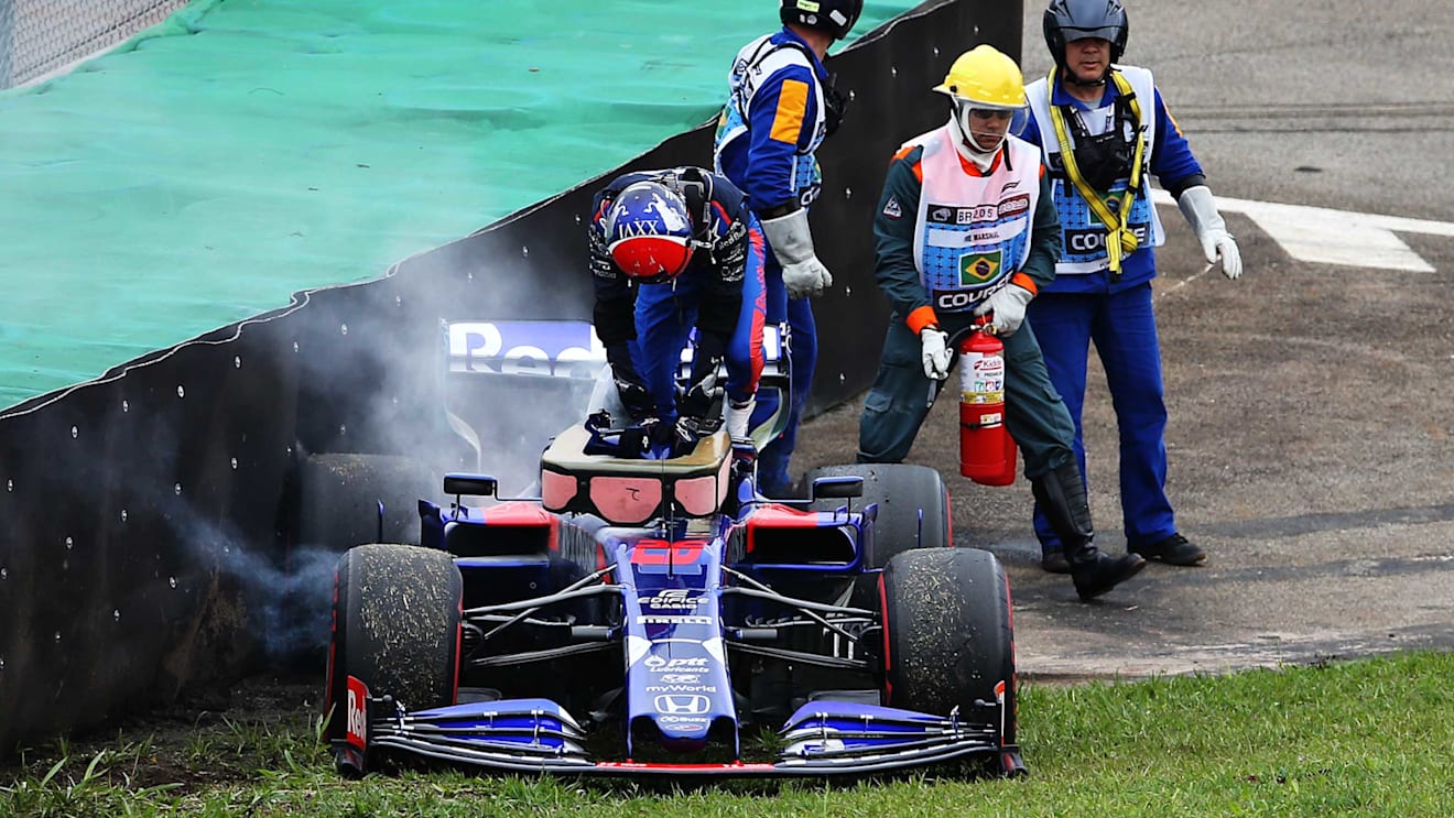 SAO PAULO, BRAZIL - NOVEMBER 15: Daniil Kvyat of Russia and Scuderia Toro Rosso climbs from his car after crashing during practice for the F1 Grand Prix of Brazil at Autodromo Jose Carlos Pace on November 15, 2019 in Sao Paulo, Brazil. (Photo by Charles Coates/Getty Images)