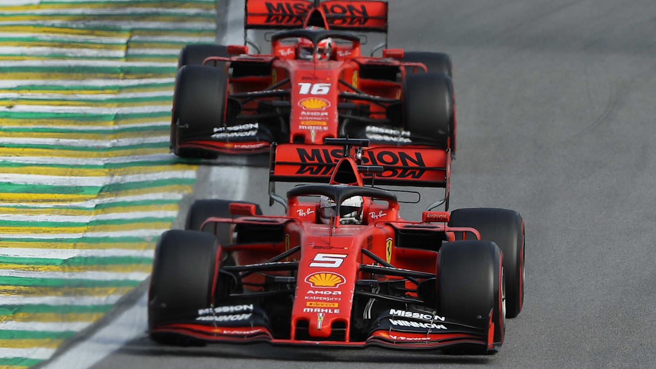 SAO PAULO, BRAZIL - NOVEMBER 17: Sebastian Vettel of Germany driving the (5) Scuderia Ferrari SF90 leads Charles Leclerc of Monaco driving the (16) Scuderia Ferrari SF90 on track during the F1 Grand Prix of Brazil at Autodromo Jose Carlos Pace on November 17, 2019 in Sao Paulo, Brazil. (Photo by Robert Cianflone/Getty Images)