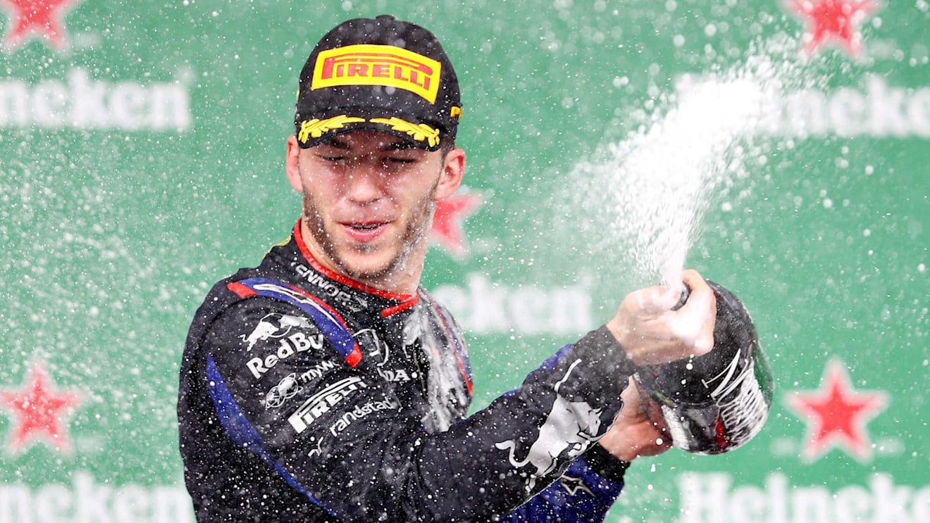 SAO PAULO, BRAZIL - NOVEMBER 17: Second placed Pierre Gasly of France and Scuderia Toro Rosso celebrates on the podium during the F1 Grand Prix of Brazil at Autodromo Jose Carlos Pace on November 17, 2019 in Sao Paulo, Brazil. (Photo by Mark Thompson/Getty Images)