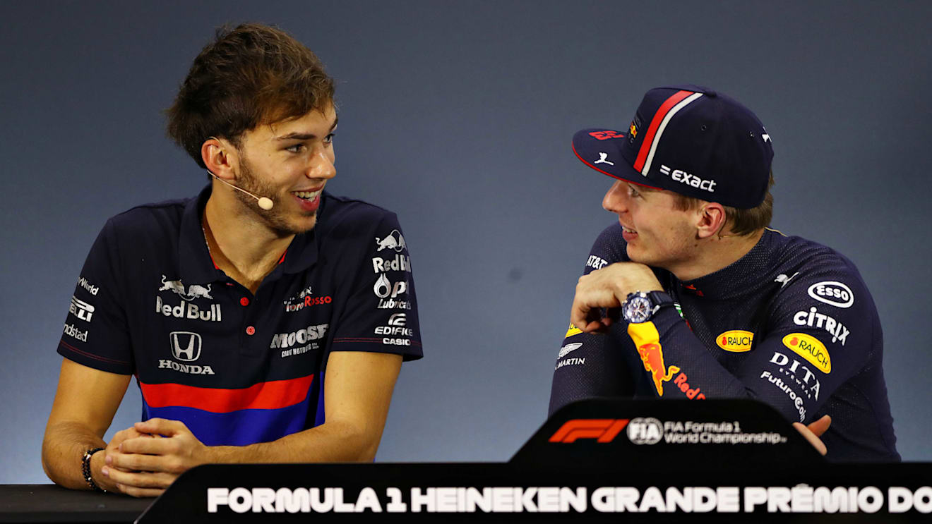 SAO PAULO, BRAZIL - NOVEMBER 17: Race winner Max Verstappen of Netherlands and Red Bull Racing and second placed Pierre Gasly of France and Scuderia Toro Rosso talk in the press conference after the F1 Grand Prix of Brazil at Autodromo Jose Carlos Pace on November 17, 2019 in Sao Paulo, Brazil. (Photo by Mark Thompson/Getty Images)