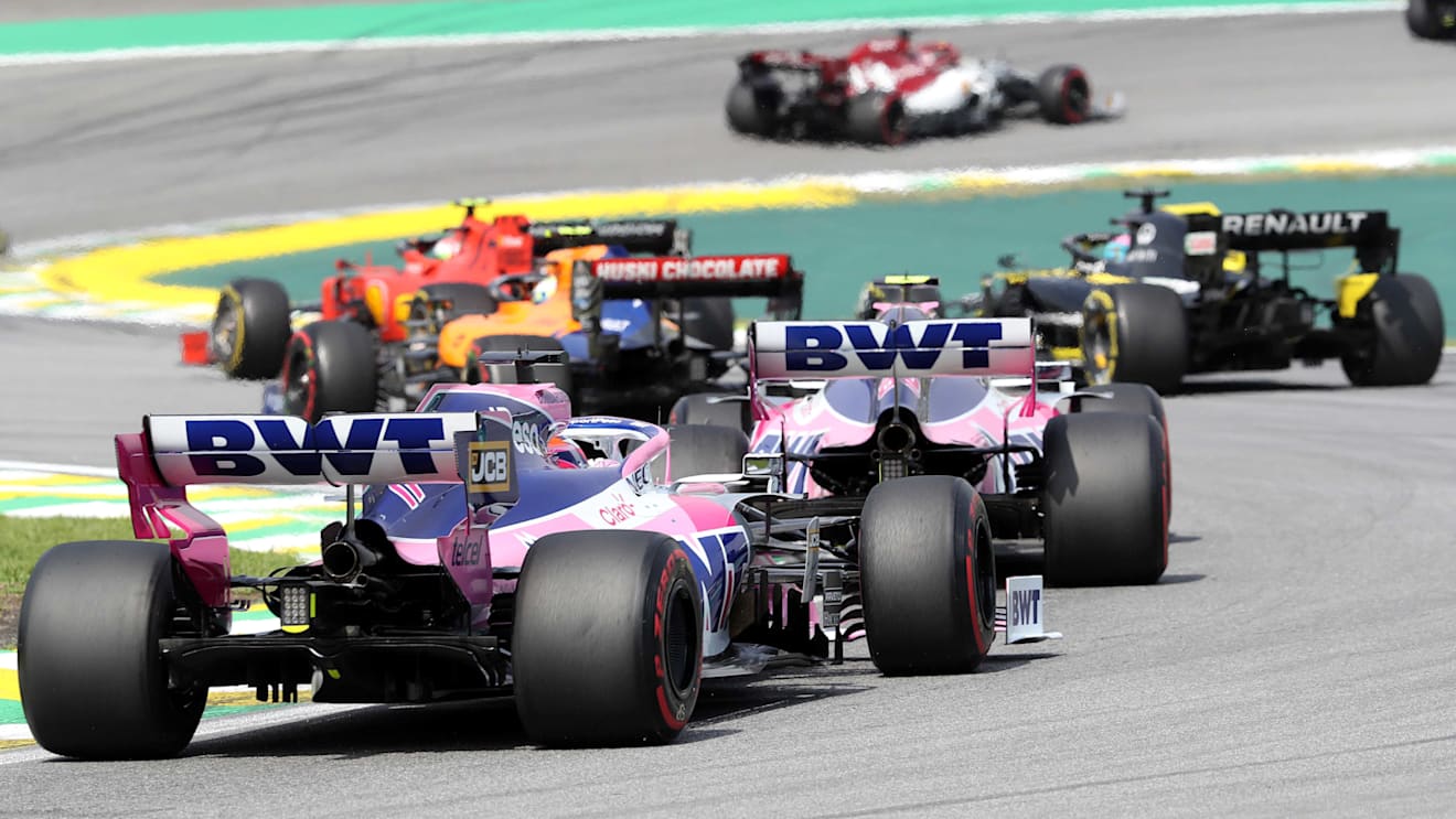 SAO PAULO, BRAZIL - NOVEMBER 17: Sergio Perez of Mexico driving the (11) Racing Point RP19 Mercedes is seen at the start during the F1 Grand Prix of Brazil at Autodromo Jose Carlos Pace on November 17, 2019 in Sao Paulo, Brazil. (Photo by Mark Thompson/Getty Images)