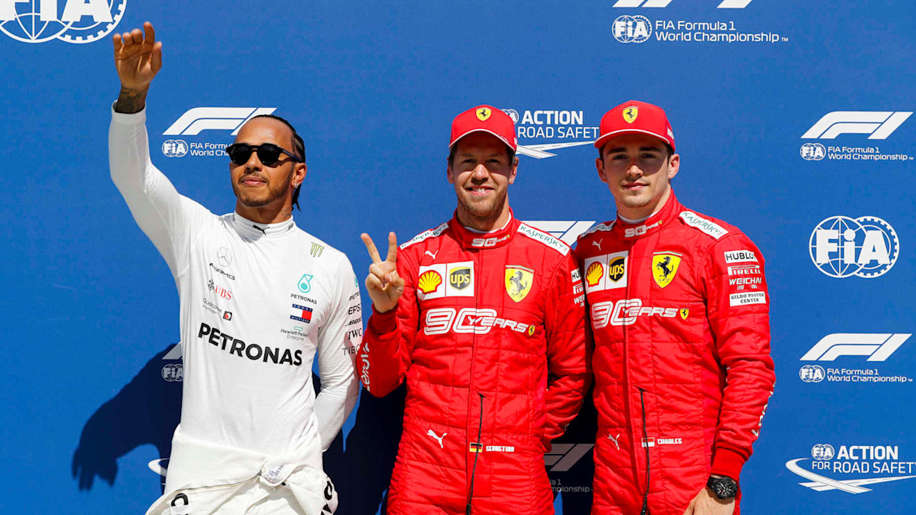 CIRCUIT GILLES-VILLENEUVE, CANADA - JUNE 08: Top three Qualifiers Lewis Hamilton, Mercedes AMG F1, pole man Sebastian Vettel, Ferrari, and Charles Leclerc, Ferrari during the Canadian GP at Circuit Gilles-Villeneuve on June 08, 2019 in Circuit Gilles-Villeneuve, Canada. (Photo by Steven Tee / LAT Images)