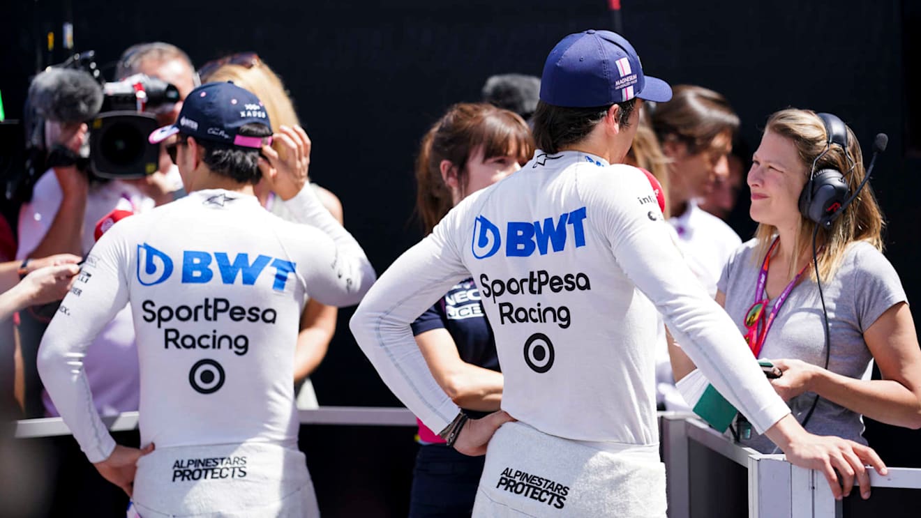 CIRCUIT GILLES-VILLENEUVE, CANADA - JUNE 08: Sergio Perez, Racing Point, and Lance Stroll, Racing Point, in the media pen after Qualifying during the Canadian GP at Circuit Gilles-Villeneuve on June 08, 2019 in Circuit Gilles-Villeneuve, Canada. (Photo by Glenn Dunbar / LAT Images)