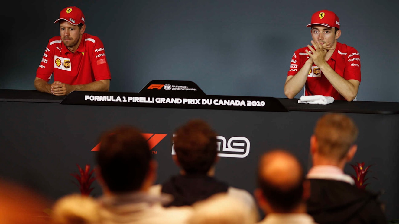 CIRCUIT GILLES-VILLENEUVE, CANADA - JUNE 09: Sebastian Vettel, Ferrari and Charles Leclerc, Ferrari in Press Conference during the Canadian GP at Circuit Gilles-Villeneuve on June 09, 2019 in Circuit Gilles-Villeneuve, Canada. (Photo by Zak Mauger / LAT Images)