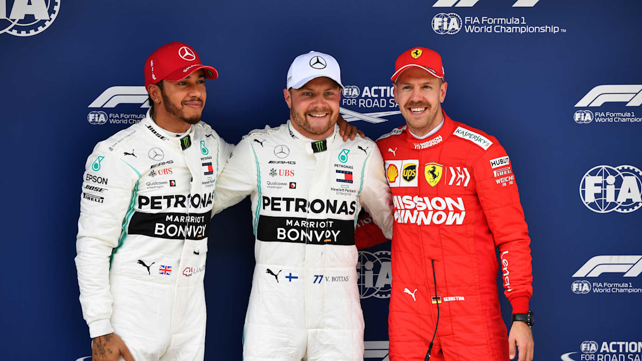 SHANGHAI INTERNATIONAL CIRCUIT, CHINA - APRIL 13: Top three Qualifiers Lewis Hamilton, Mercedes AMG F1, pole man Valtteri Bottas, Mercedes AMG F1, and Sebastian Vettel, Ferrari during the Chinese GP at Shanghai International Circuit on April 13, 2019 in Shanghai International Circuit, China. (Photo by Mark Sutton / Sutton Images)