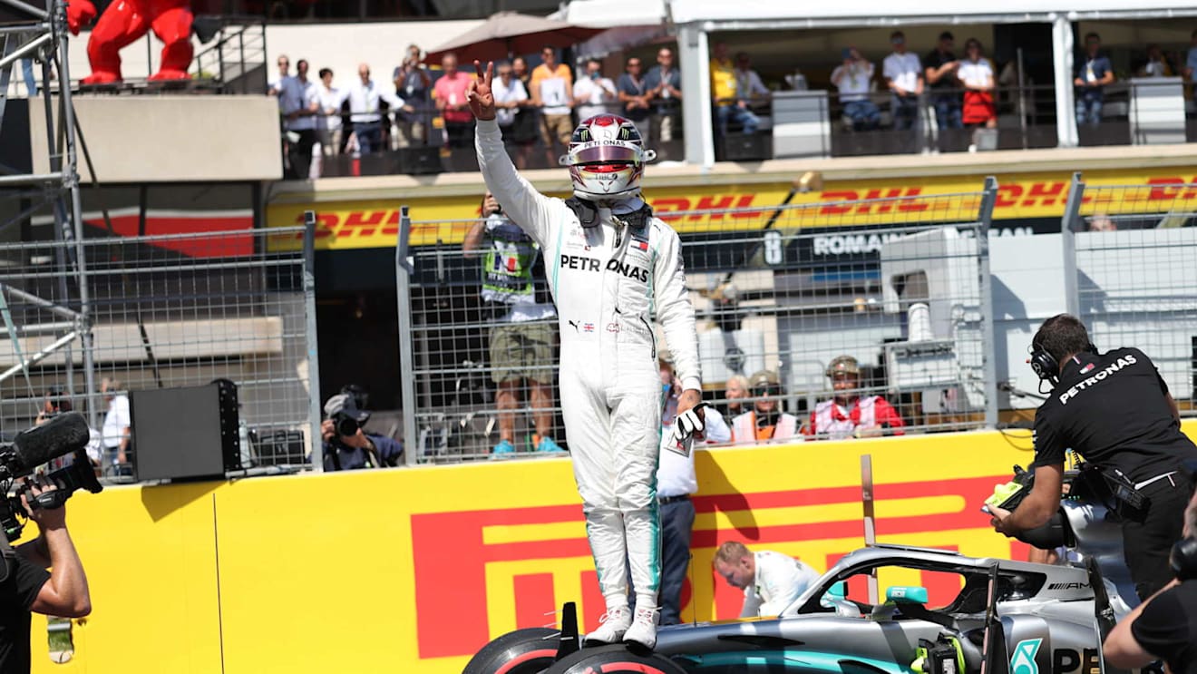 CIRCUIT PAUL RICARD, FRANCE - JUNE 22: Pole man Lewis Hamilton, Mercedes AMG F1, celebrates after Qualifying during the French GP at Circuit Paul Ricard on June 22, 2019 in Circuit Paul Ricard, France. (Photo by Jerry Andre / Sutton Images)
