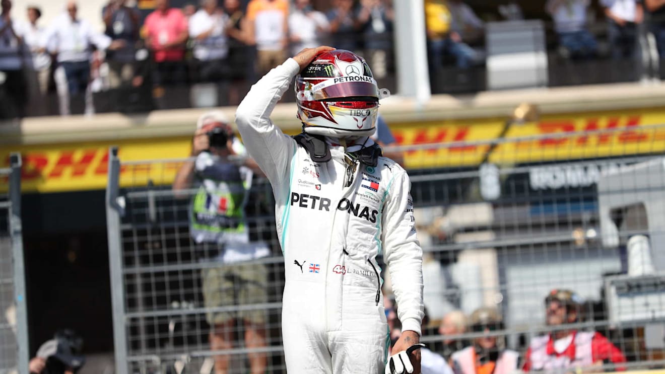 CIRCUIT PAUL RICARD, FRANCE - JUNE 22: Pole man Lewis Hamilton, Mercedes AMG F1, celebrates after Qualifying during the French GP at Circuit Paul Ricard on June 22, 2019 in Circuit Paul Ricard, France. (Photo by Jerry Andre / Sutton Images)