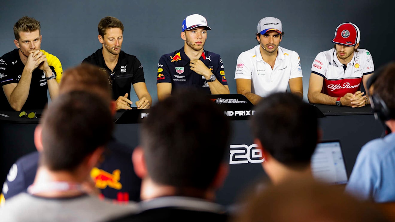 CIRCUIT PAUL RICARD, FRANCE - JUNE 20: Nico Hulkenberg, Renault F1 Team, Romain Grosjean, Haas F1, Pierre Gasly, Red Bull Racing, Carlos Sainz Jr, McLaren and Antonio Giovinazzi, Alfa Romeo Racing in Press Conference during the French GP at Circuit Paul Ricard on June 20, 2019 in Circuit Paul Ricard, France. (Photo by Steven Tee / LAT Images)