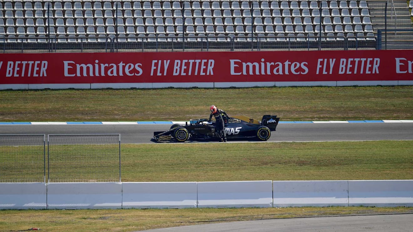 HOCKENHEIMRING, GERMANY - JULY 26: Kevin Magnussen, Haas VF-19, comes to a halt during FP1 during the German GP at Hockenheimring on July 26, 2019 in Hockenheimring, Germany. (Photo by Jerry Andre / LAT Images)