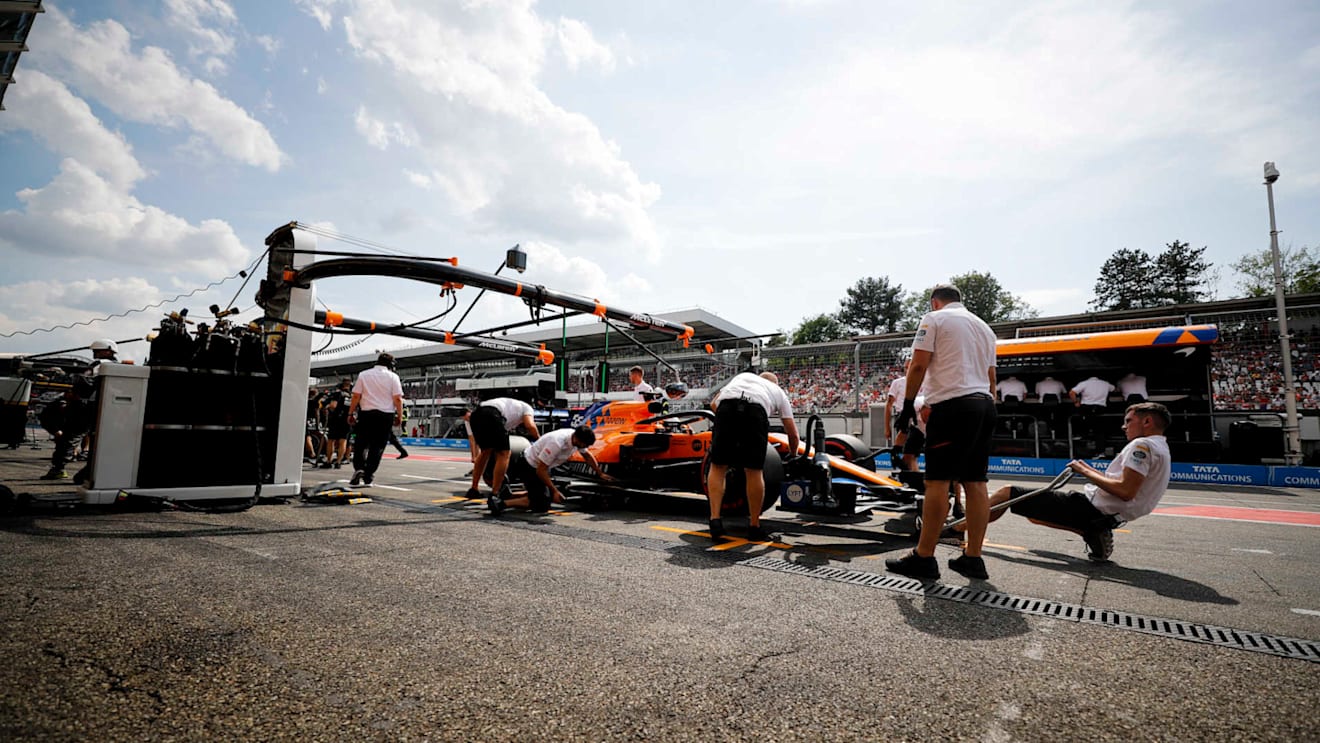 HOCKENHEIMRING, GERMANY - JULY 27: Carlos Sainz, McLaren MCL34, in the pits during Qualifying during the German GP at Hockenheimring on July 27, 2019 in Hockenheimring, Germany. (Photo by Steven Tee / LAT Images)