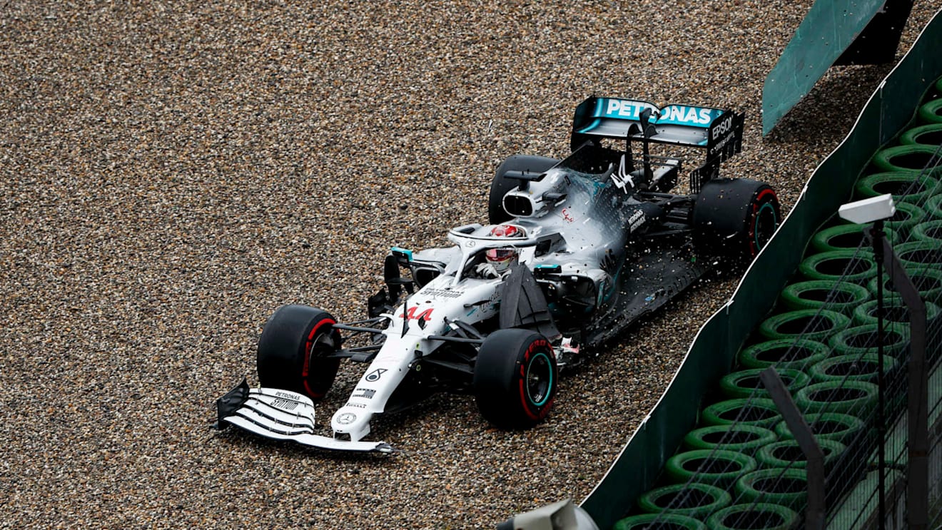HOCKENHEIMRING, GERMANY - JULY 28: Lewis Hamilton, Mercedes AMG F1 W10 crashes into the wall during the German GP at Hockenheimring on July 28, 2019 in Hockenheimring, Germany. (Photo by Sam Bloxham / LAT Images)
