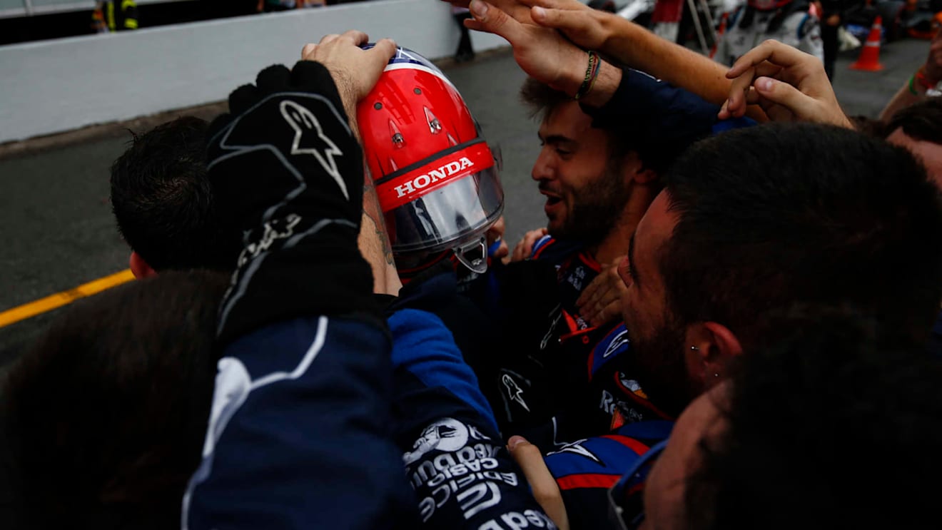 HOCKENHEIMRING, GERMANY - JULY 28: Daniil Kvyat, Toro Rosso, 3rd position, celebrates with his team during the German GP at Hockenheimring on July 28, 2019 in Hockenheimring, Germany. (Photo by Andy Hone / LAT Images)