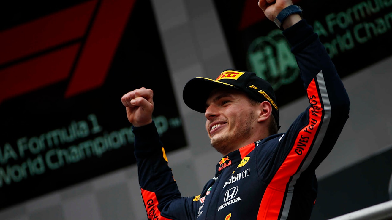 HOCKENHEIMRING, GERMANY - JULY 28: Max Verstappen, Red Bull Racing, 1st position, on the podium during the German GP at Hockenheimring on July 28, 2019 in Hockenheimring, Germany. (Photo by Andy Hone / LAT Images)