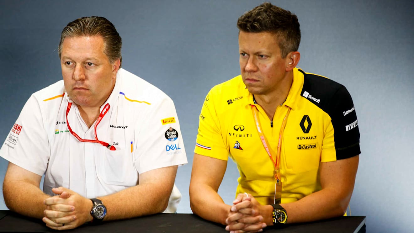 SILVERSTONE, UNITED KINGDOM - JULY 12: Zak Brown, Executive Director, McLaren, and Marcin Budkowski, Renault F1 Team, in the team principals Press Conference during the British GP at Silverstone on July 12, 2019 in Silverstone, United Kingdom. (Photo by Andy Hone / LAT Images)