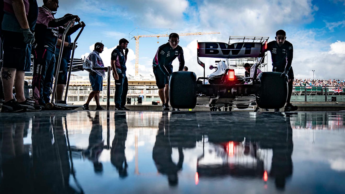 SILVERSTONE, UNITED KINGDOM - JULY 12: Sergio Perez, Racing Point RP19, is returned to the garage during the British GP at Silverstone on July 12, 2019 in Silverstone, United Kingdom. (Photo by Glenn Dunbar / LAT Images)
