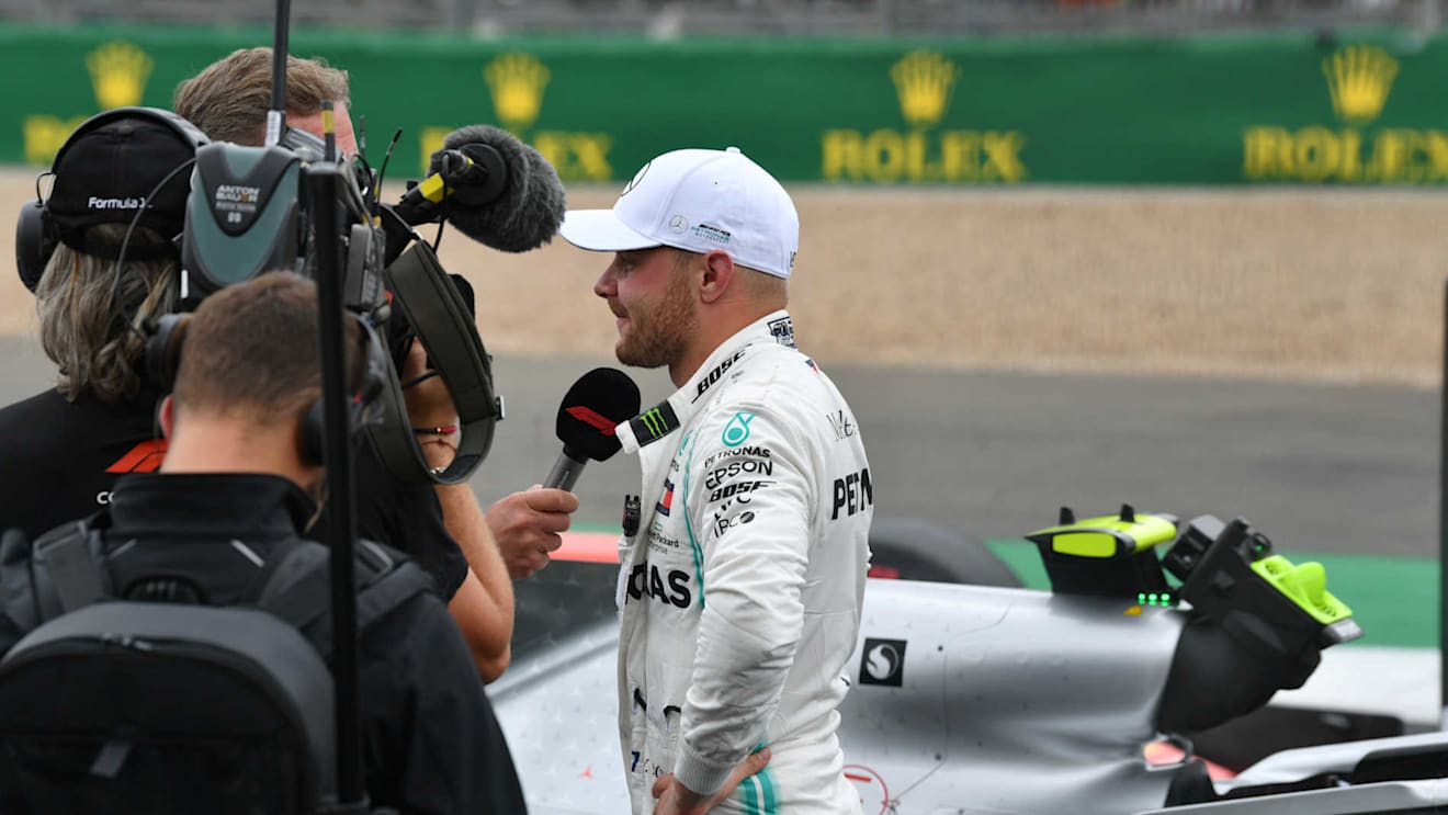 SILVERSTONE, UNITED KINGDOM - JULY 13: Pole man Valtteri Bottas, Mercedes AMG F1, is interviewed after Qualifying during the British GP at Silverstone on July 13, 2019 in Silverstone, United Kingdom. (Photo by Mark Sutton / Sutton Images)