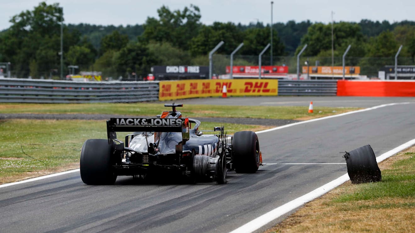 SILVERSTONE, UNITED KINGDOM - JULY 14: Tyre of Romain Grosjean, Haas VF-19 leaves his car during the British GP at Silverstone on July 14, 2019 in Silverstone, United Kingdom. (Photo by Zak Mauger / LAT Images)