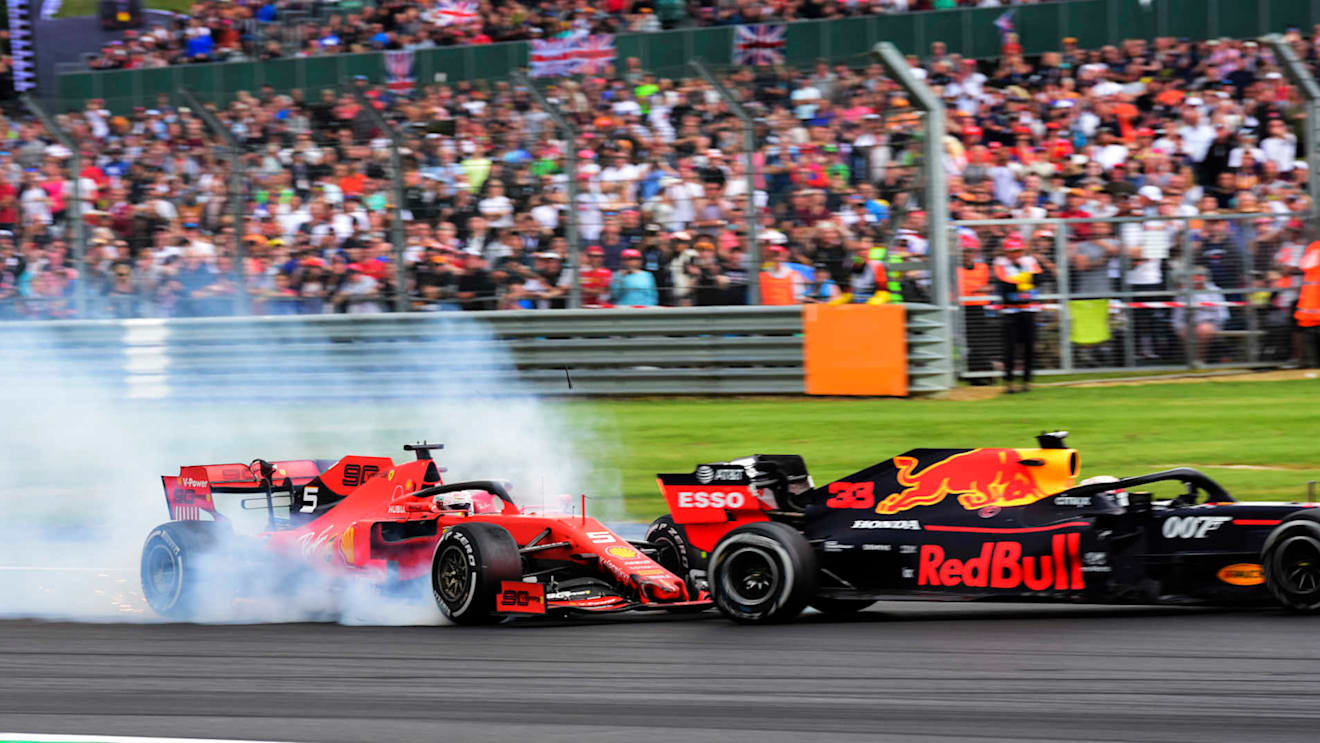 SILVERSTONE, UNITED KINGDOM - JULY 14: Sebastian Vettel, Ferrari SF90 running into the back of Max Verstappen, Red Bull Racing RB15 during the British GP at Silverstone on July 14, 2019 in Silverstone, United Kingdom. (Photo by Hasan Bratic / LAT Images)