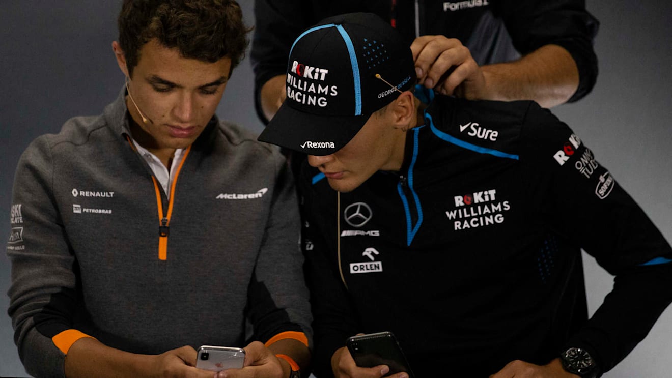 SILVERSTONE, UNITED KINGDOM - JULY 11: Lando Norris, McLaren and George Russell, Williams Racing In the Press Conference during the British GP at Silverstone on July 11, 2019 in Silverstone, United Kingdom. (Photo by Dom Romney / LAT Images)