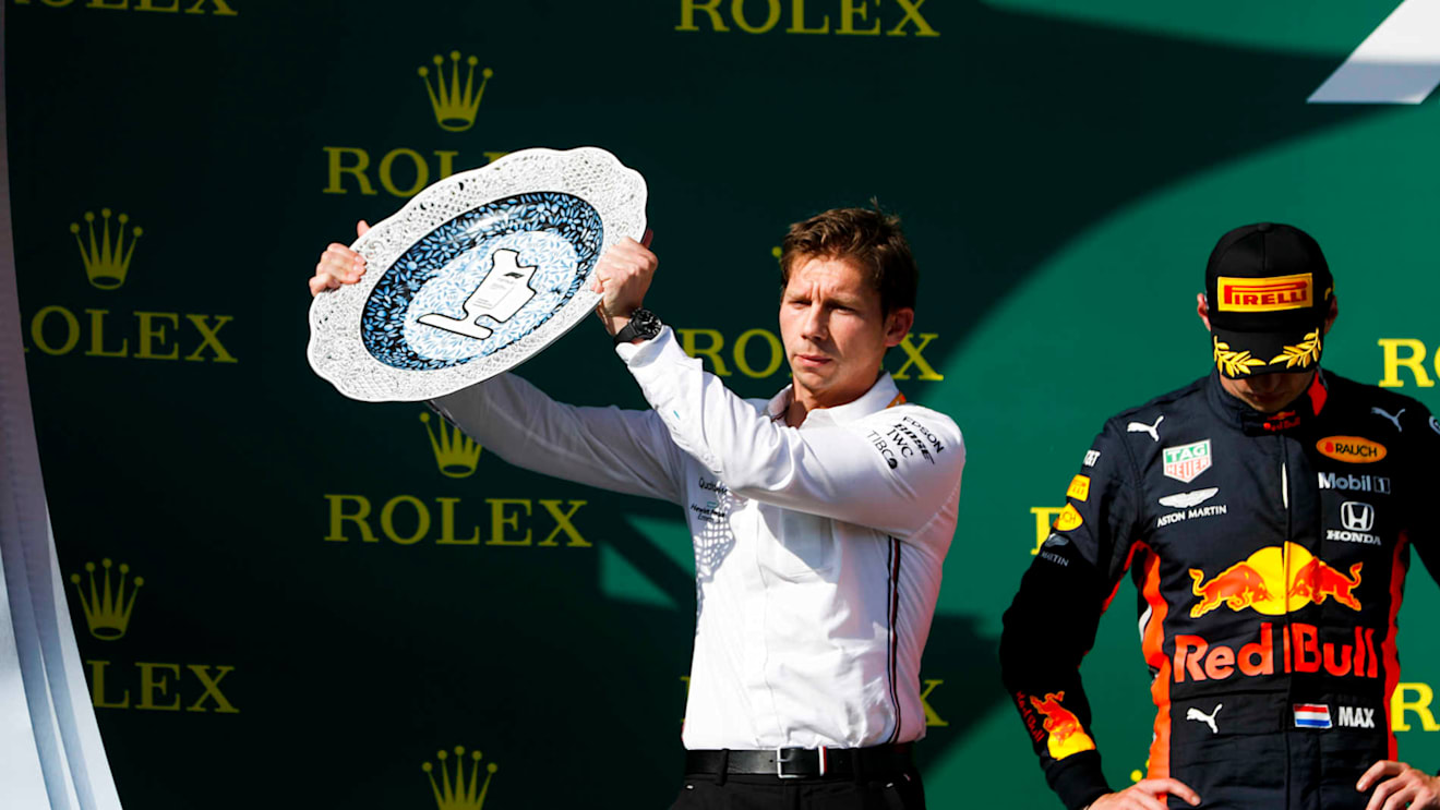HUNGARORING, HUNGARY - AUGUST 04: Matt Deane, Chief Mechanic, Mercedes AMG, receives the Constructors trophy for Mercedes during the Hungarian GP at Hungaroring on August 04, 2019 in Hungaroring, Hungary. (Photo by Zak Mauger / LAT Images)
