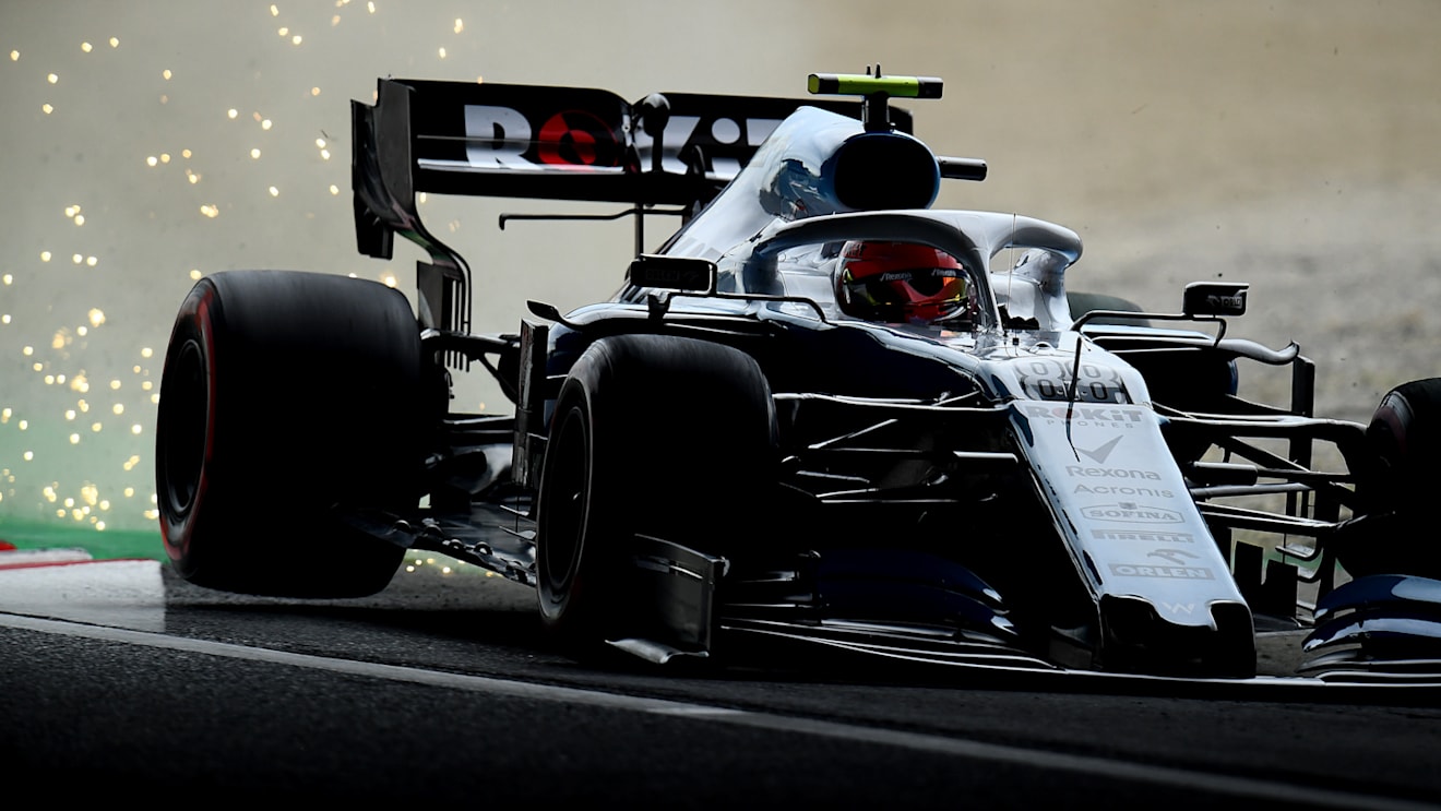SUZUKA, JAPAN - OCTOBER 11: Sparks fly behind Robert Kubica of Poland driving the (88) Rokit Williams Racing FW42 Mercedes on track during practice for the F1 Grand Prix of Japan at Suzuka Circuit on October 11, 2019 in Suzuka, Japan. (Photo by Clive Mason/Getty Images)