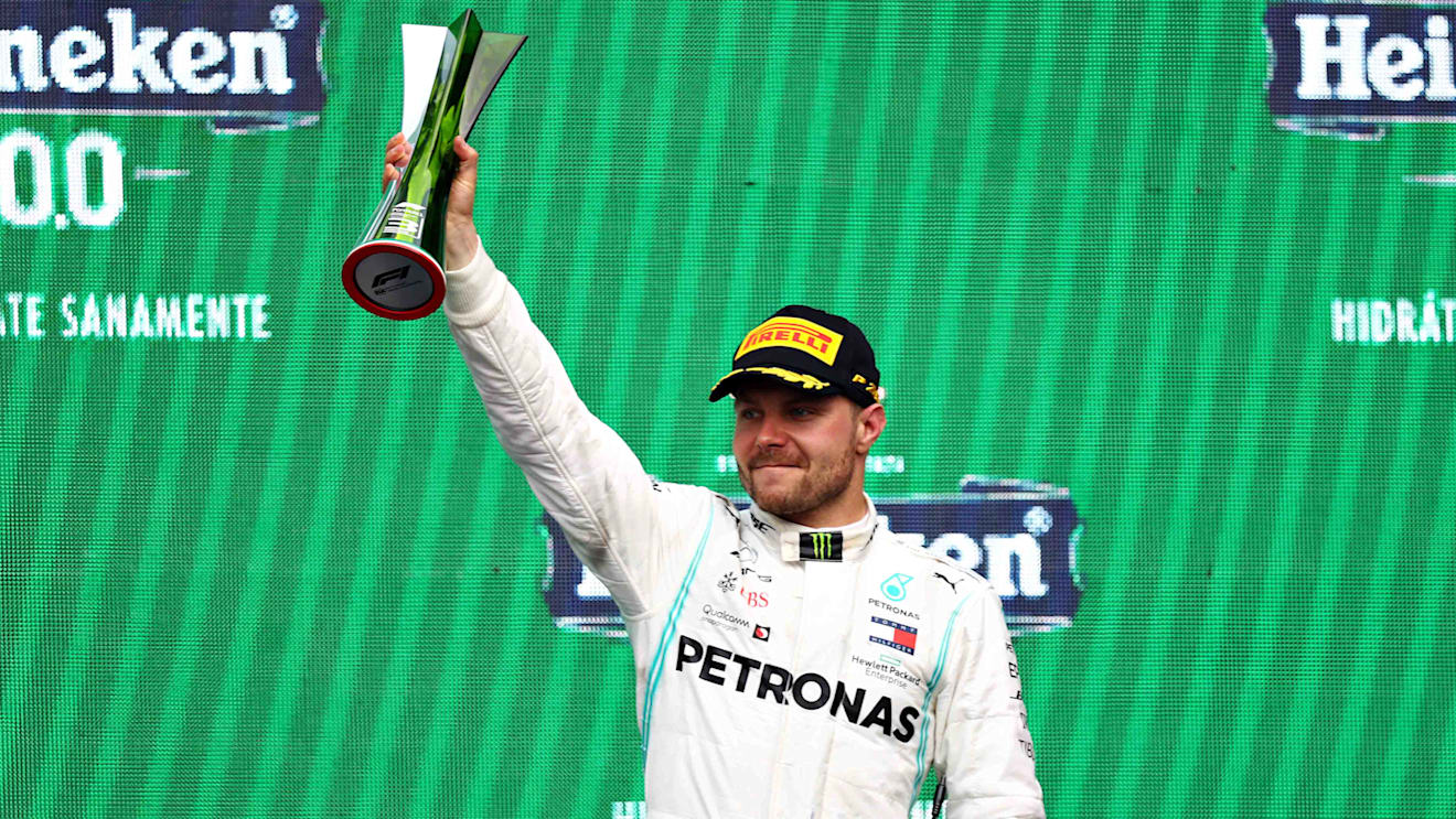 MEXICO CITY, MEXICO - OCTOBER 27: Third placed Valtteri Bottas of Finland and Mercedes GP celebrates on the podium during the F1 Grand Prix of Mexico at Autodromo Hermanos Rodriguez on October 27, 2019 in Mexico City, Mexico. (Photo by Mark Thompson/Getty Images)