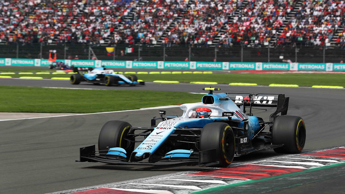 MEXICO CITY, MEXICO - OCTOBER 27: Robert Kubica of Poland driving the (88) Rokit Williams Racing FW42 Mercedes leads George Russell of Great Britain driving the (63) Rokit Williams Racing FW42 Mercedes on track during the F1 Grand Prix of Mexico at Autodromo Hermanos Rodriguez on October 27, 2019 in Mexico City, Mexico. (Photo by Mark Thompson/Getty Images)