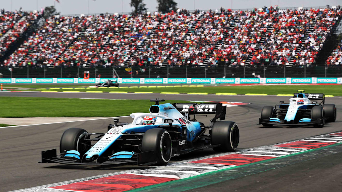 MEXICO CITY, MEXICO - OCTOBER 27: Robert Kubica of Poland driving the (88) Rokit Williams Racing FW42 Mercedes leads George Russell of Great Britain driving the (63) Rokit Williams Racing FW42 Mercedes on track during the F1 Grand Prix of Mexico at Autodromo Hermanos Rodriguez on October 27, 2019 in Mexico City, Mexico. (Photo by Mark Thompson/Getty Images)