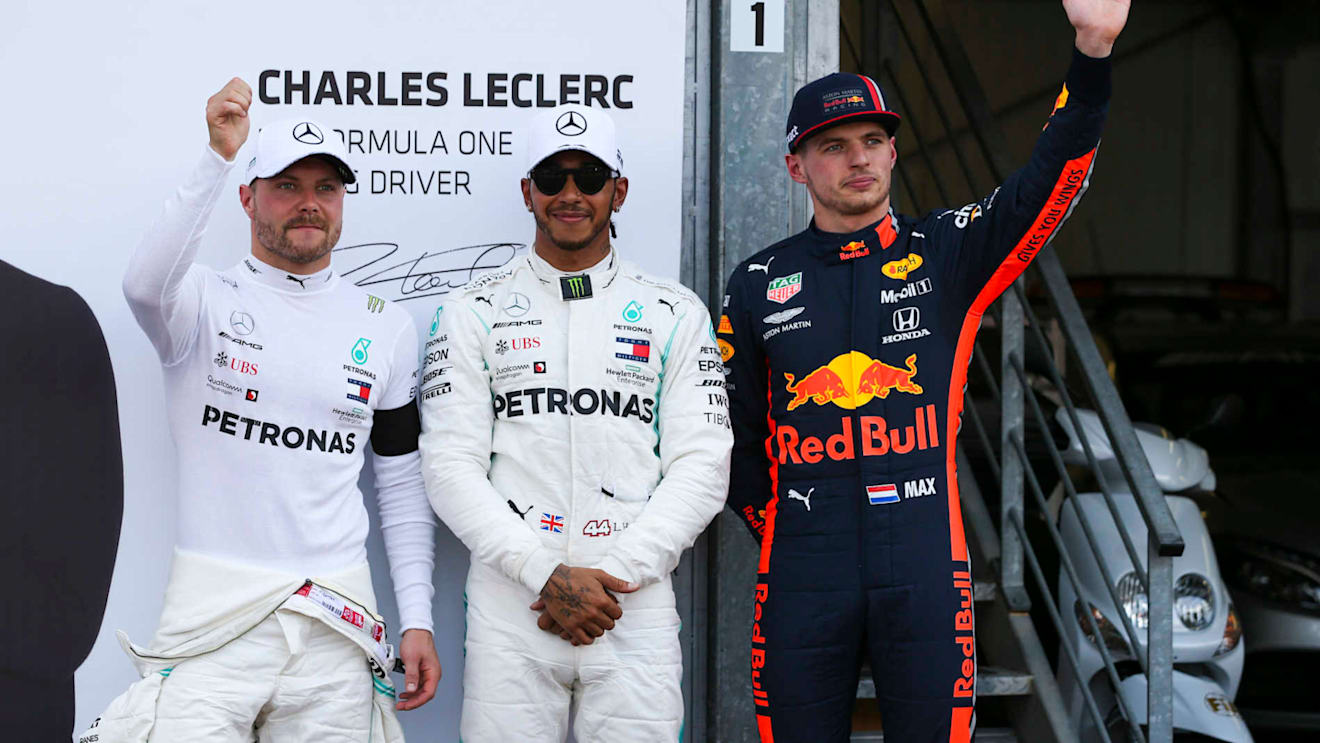 MONTE CARLO, MONACO - MAY 25: Lewis Hamilton, Mercedes AMG F1, celebrates pole postion, alongside Valtteri Bottas, Mercedes AMG F1, and Max Verstappen, Red Bull Racing during the Monaco GP at Monte Carlo on May 25, 2019 in Monte Carlo, Monaco. (Photo by Dom Romney / LAT Images)