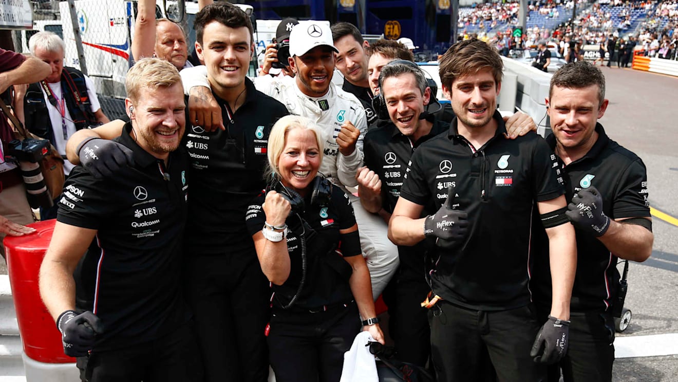 MONTE CARLO, MONACO - MAY 25: Lewis Hamilton, Mercedes AMG F1, celebrates pole postion during the Monaco GP at Monte Carlo on May 25, 2019 in Monte Carlo, Monaco. (Photo by Andy Hone / LAT Images)