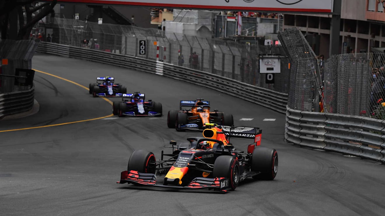 MONTE CARLO, MONACO - MAY 26: Pierre Gasly, Red Bull Racing RB15, leads Carlos Sainz Jr., McLaren MCL34, Daniil Kvyat, Toro Rosso STR14, and Alexander Albon, Toro Rosso STR14 during the Monaco GP at Monte Carlo on May 26, 2019 in Monte Carlo, Monaco. (Photo by Mark Sutton / Sutton Images)