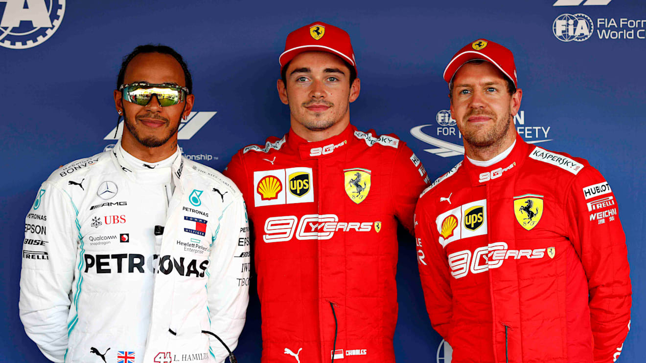 SOCHI, RUSSIA - SEPTEMBER 28: Top three qualifiers Charles Leclerc of Monaco and Ferrari,Lewis Hamilton of Great Britain and Mercedes GP and Sebastian Vettel of Germany and Ferrari celebrate in parc ferme during qualifying for the F1 Grand Prix of Russia at Sochi Autodrom on September 28, 2019 in Sochi, Russia. (Photo by Will Taylor-Medhurst/Getty Images)