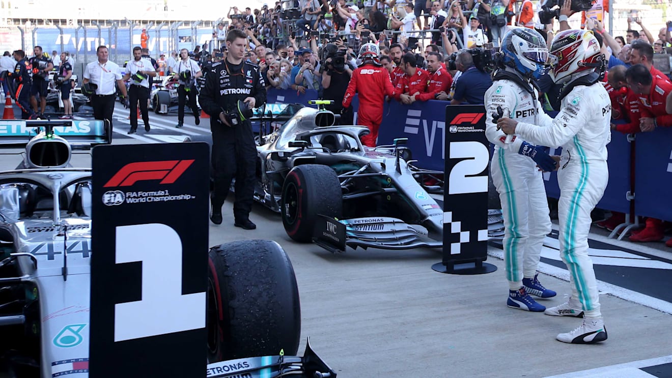 SOCHI, RUSSIA - SEPTEMBER 29: Race winner Lewis Hamilton of Great Britain and Mercedes GP celebrates in parc ferme during the F1 Grand Prix of Russia at Sochi Autodrom on September 29, 2019 in Sochi, Russia. (Photo by Charles Coates/Getty Images)