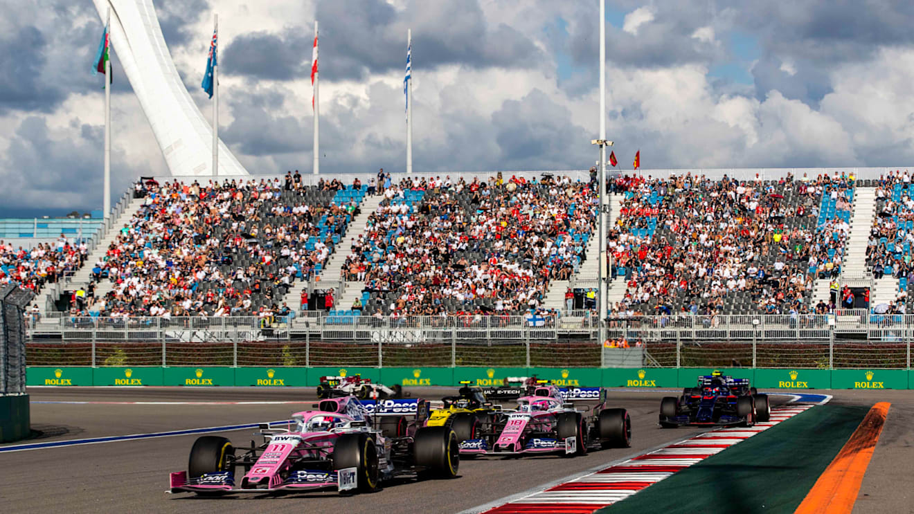 SOCHI, RUSSIA - SEPTEMBER 29: Sergio Perez of Mexico driving the (11) Racing Point RP19 Mercedes leads Lance Stroll of Canada driving the (18) Racing Point RP19 Mercedes on track during the F1 Grand Prix of Russia at Sochi Autodrom on September 29, 2019 in Sochi, Russia. (Photo by Mark Thompson/Getty Images)