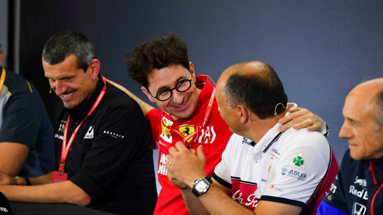 CIRCUIT DE BARCELONA-CATALUNYA, SPAIN - MAY 10: Guenther Steiner, Team Principal, Haas F1, Mattia Binotto, Team Principal Ferrari, Frederic Vasseur, Team Principal, Alfa Romeo Racing, and Franz Tost, Team Principal, Toro Rosso, in the team principals Press Conference during the Spanish GP at Circuit de Barcelona-Catalunya on May 10, 2019 in Circuit de Barcelona-Catalunya, Spain. (Photo by Simon Galloway / Sutton Images)