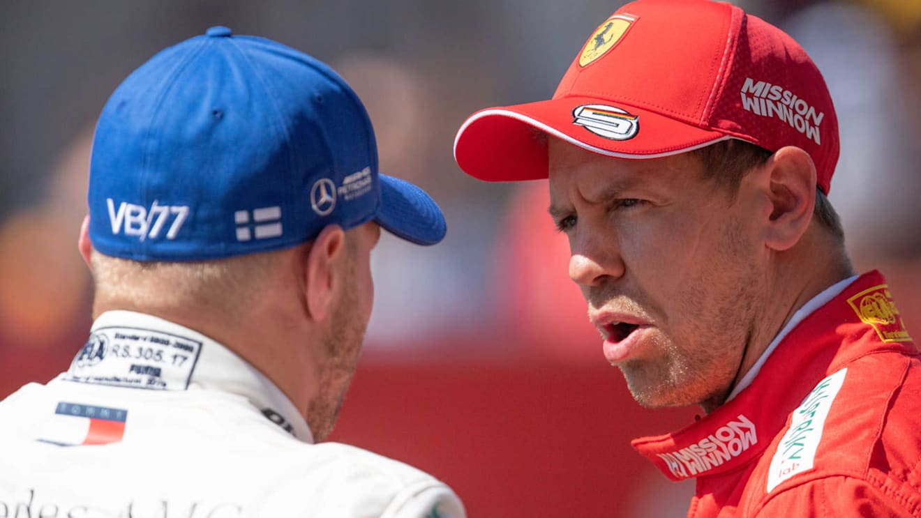 CIRCUIT DE BARCELONA-CATALUNYA, SPAIN - MAY 11: Pole man Valtteri Bottas, Mercedes AMG F1, with Sebastian Vettel, Ferrari, after Qualifying during the Spanish GP at Circuit de Barcelona-Catalunya on May 11, 2019 in Circuit de Barcelona-Catalunya, Spain. (Photo by Simon Galloway / Sutton Images)