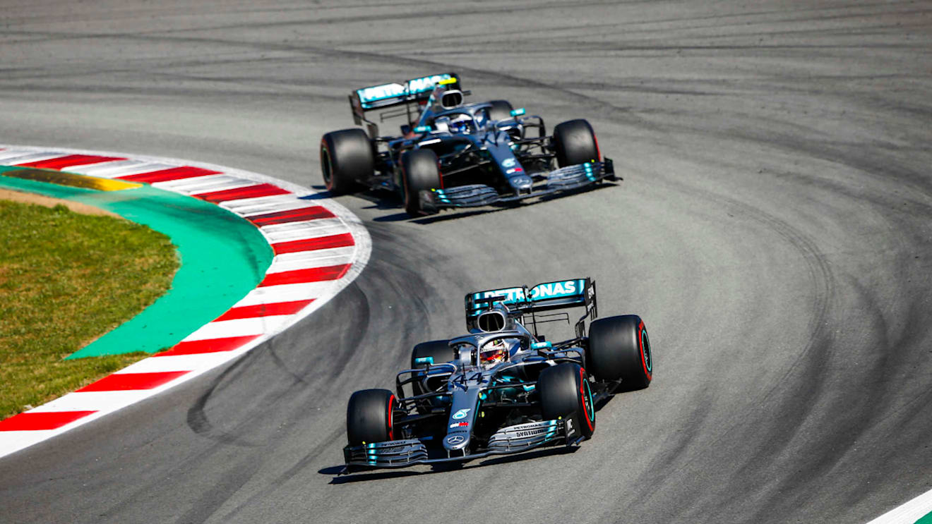 CIRCUIT DE BARCELONA-CATALUNYA, SPAIN - MAY 12: Lewis Hamilton, Mercedes AMG F1 W10 leads Valtteri Bottas, Mercedes AMG W10 during the Spanish GP at Circuit de Barcelona-Catalunya on May 12, 2019 in Circuit de Barcelona-Catalunya, Spain. (Photo by Andy Hone / LAT Images)