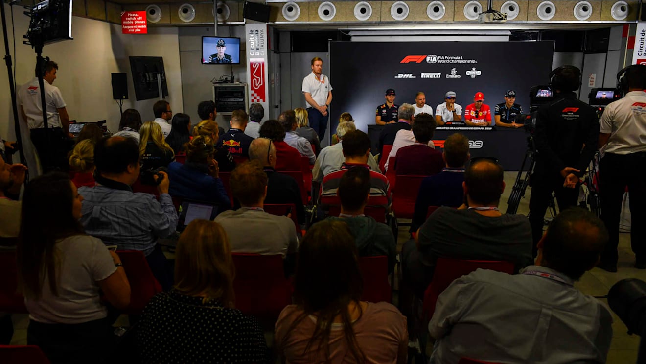 CIRCUIT DE BARCELONA-CATALUNYA, SPAIN - MAY 09: Pierre Gasly, Red Bull Racing, Valtteri Bottas, Mercedes AMG F1, Carlos Sainz Jr, McLaren, Sebastian Vettel, Ferrari and George Russell, Williams Racing in Press Conference during the Spanish GP at Circuit de Barcelona-Catalunya on May 09, 2019 in Circuit de Barcelona-Catalunya, Spain. (Photo by Mark Sutton / Sutton Images)