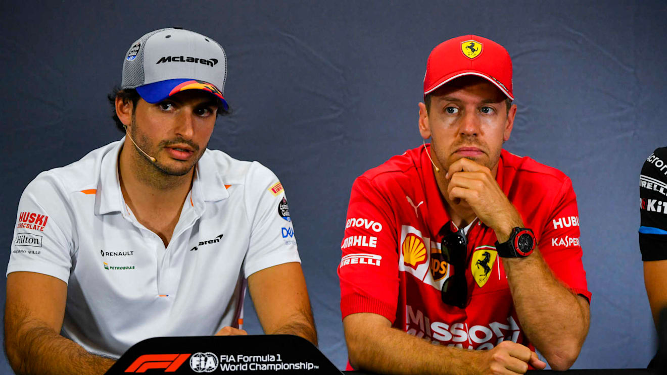 CIRCUIT DE BARCELONA-CATALUNYA, SPAIN - MAY 09: Carlos Sainz Jr, McLaren and Sebastian Vettel, Ferrari in Press Conference during the Spanish GP at Circuit de Barcelona-Catalunya on May 09, 2019 in Circuit de Barcelona-Catalunya, Spain. (Photo by Mark Sutton / Sutton Images)