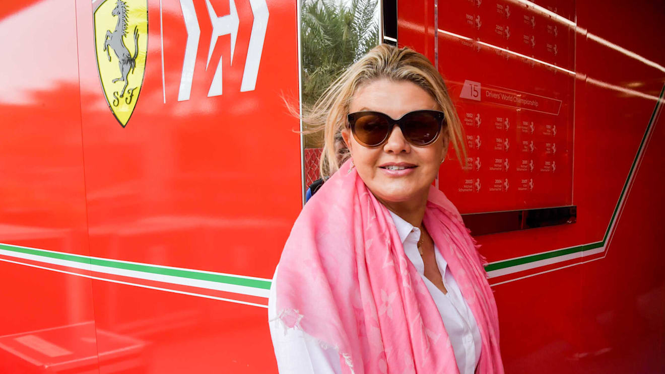 BAHRAIN INTERNATIONAL CIRCUIT, BAHRAIN - APRIL 02: Corinna Schumacher, Mum of driver Mick Schumacher, Ferrari and wife to F1 Champion Michael Schumacher, in the Ferrari garage during the Bahrain April testing at Bahrain International Circuit on April 02, 2019 in Bahrain International Circuit, Bahrain. (Photo by Jerry Andre / Sutton Images)