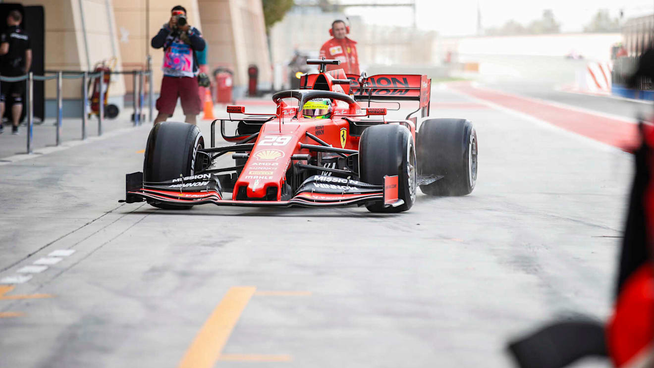 BAHRAIN INTERNATIONAL CIRCUIT, BAHRAIN - APRIL 02: Mick Schumacher, Ferrari SF90, returns to the garage during the Bahrain April testing at Bahrain International Circuit on April 02, 2019 in Bahrain International Circuit, Bahrain. (Photo by Joe Portlock / LAT Images)