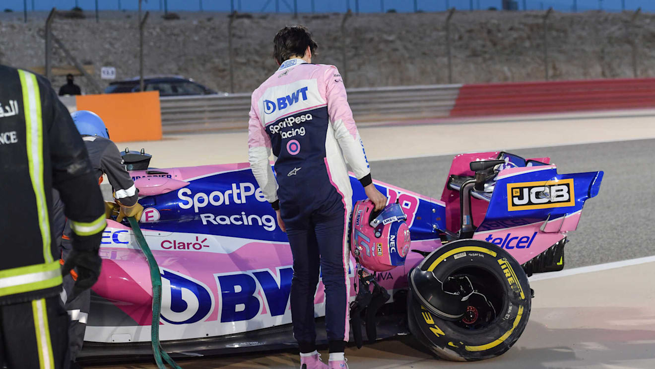 BAHRAIN INTERNATIONAL CIRCUIT, BAHRAIN - APRIL 02: Lance Stroll, Racing Point, crashes his car and pulls off to the run off during the Bahrain April testing at Bahrain International Circuit on April 02, 2019 in Bahrain International Circuit, Bahrain. (Photo by Jerry Andre / Sutton Images)