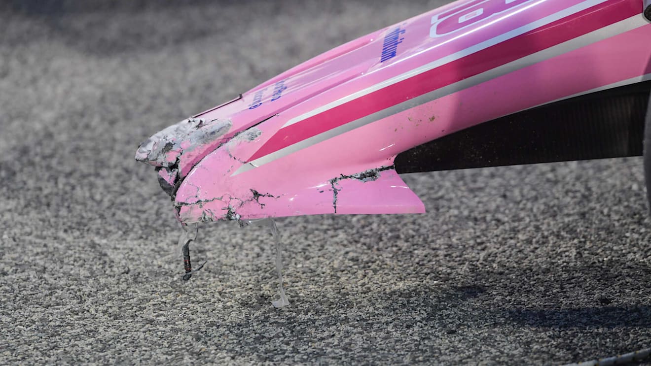 BAHRAIN INTERNATIONAL CIRCUIT, BAHRAIN - APRIL 02: Damage to Lance Stroll, Racing Point RP19 during the Bahrain April testing at Bahrain International Circuit on April 02, 2019 in Bahrain International Circuit, Bahrain. (Photo by Jerry Andre / Sutton Images)