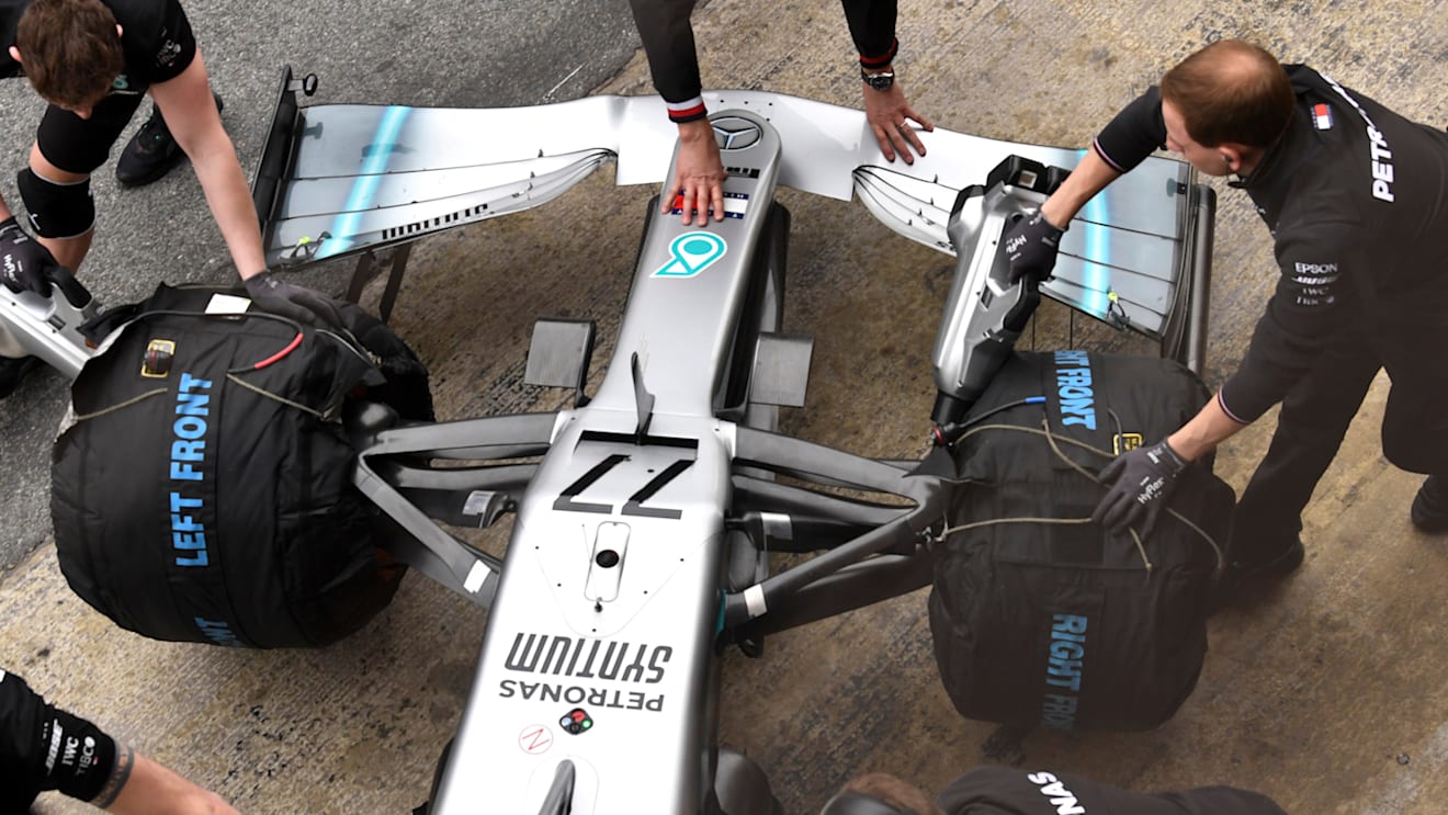 CIRCUIT DE BARCELONA-CATALUNYA, SPAIN - FEBRUARY 20: Mercedes-AMG F1 W10 EQ Power+ nose and front wing during the Barcelona February testing at Circuit de Barcelona-Catalunya on February 20, 2019 in Circuit de Barcelona-Catalunya, Spain. (Photo by Mark Sutton / Sutton Images)