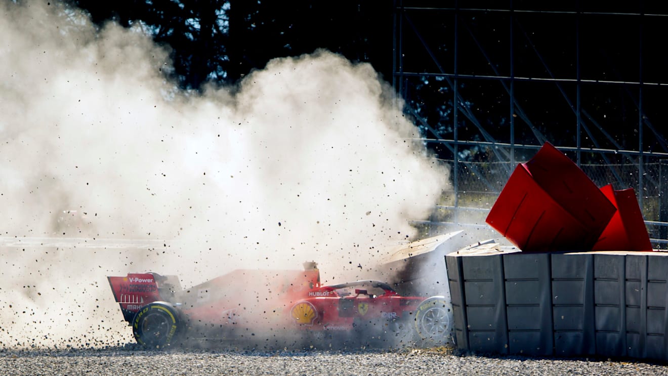CIRCUIT DE BARCELONA-CATALUNYA, SPAIN - FEBRUARY 27: Sebastian Vettel, Ferrari SF90, crashes at Turn 3 during the Barcelona February testing II at Circuit de Barcelona-Catalunya on February 27, 2019 in Circuit de Barcelona-Catalunya, Spain. (Photo by Piotr Naskrent / LAT Images)