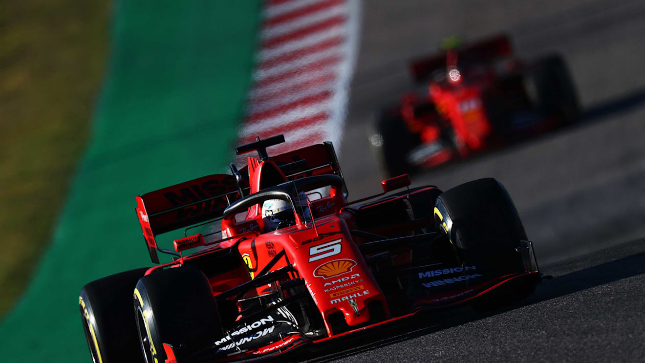 AUSTIN, TEXAS - NOVEMBER 02: Sebastian Vettel of Germany driving the (5) Scuderia Ferrari SF90 leads Charles Leclerc of Monaco driving the (16) Scuderia Ferrari SF90 on track during qualifying for the F1 Grand Prix of USA at Circuit of The Americas on November 02, 2019 in Austin, Texas. (Photo by Dan Istitene/Getty Images)