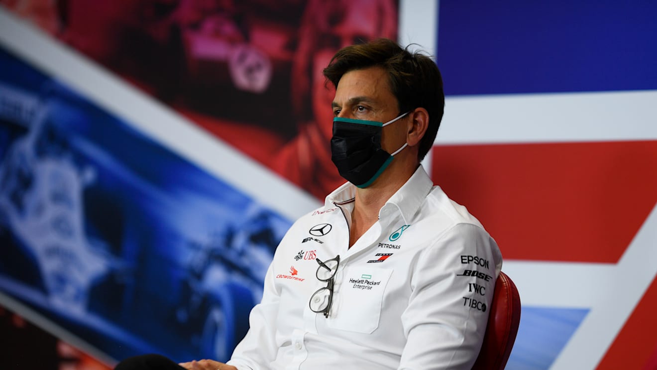 NORTHAMPTON, ENGLAND - AUGUST 07: Mercedes GP Executive Director Toto Wolff talks in the Team Principals Press Conference during practice for the F1 70th Anniversary Grand Prix at Silverstone on August 07, 2020 in Northampton, England. (Photo by Rudy Carezzevoli/Getty Images)