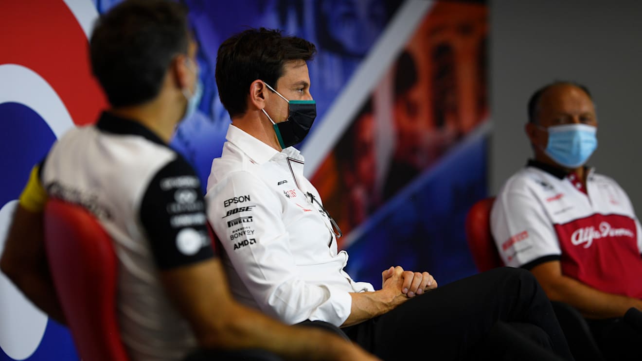 NORTHAMPTON, ENGLAND - AUGUST 07: Mercedes GP Executive Director Toto Wolff talks in the Team Principals Press Conference during practice for the F1 70th Anniversary Grand Prix at Silverstone on August 07, 2020 in Northampton, England. (Photo by Rudy Carezzevoli/Getty Images)