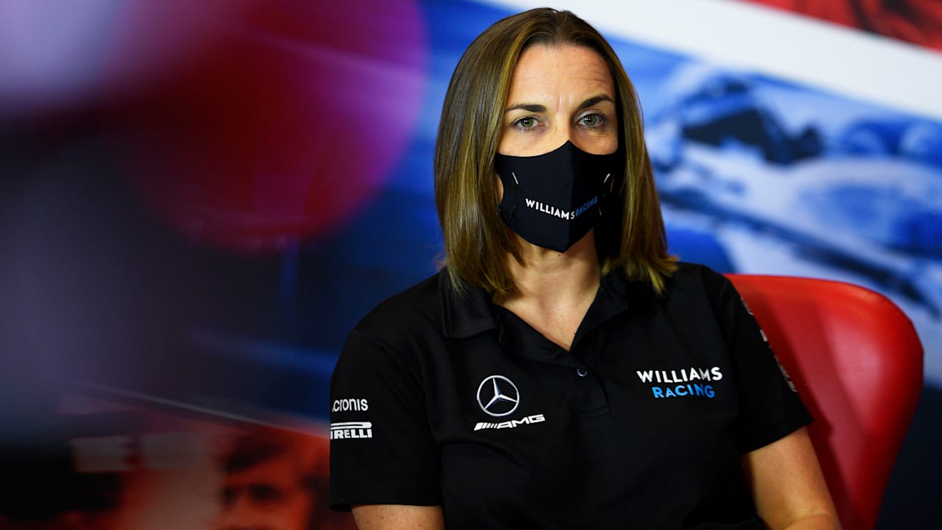 NORTHAMPTON, ENGLAND - AUGUST 07: Williams Deputy Team Principal Claire Williams talks in the Team Principals Press Conference during practice for the F1 70th Anniversary Grand Prix at Silverstone on August 07, 2020 in Northampton, England. (Photo by Rudy Carezzevoli/Getty Images)